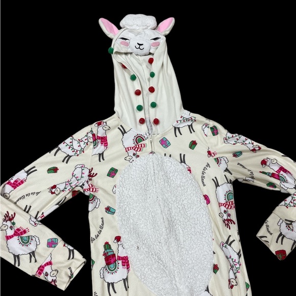 Justice llama Christmas onesie hooded zip pajamas pjs soft fleece Pom Poms 8 - Picture 3 of 5